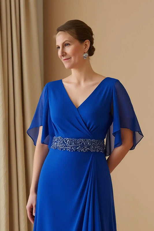 Royal Blue Chiffon A Line V-Neck Waist Beading Flutter Short Sleeves Asymmetry Ruched Hem Exquisite Long Wedding Guest Dress Hot Sale Mother of the Bride Dresses