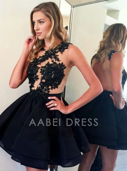 AABEI DRESS New Homecoming Dress A-line Chiffon Backless Cocktail Dress Lace Appliques Charming Short Prom Dress