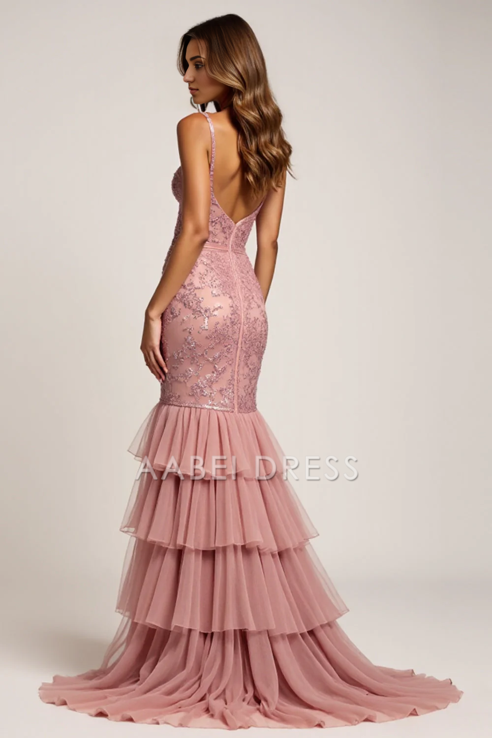 AABEI DRESS Hot Sale Prom Dress Fashion Sheath Spaghetti Strap Deep V-Neck Tiered Backless With Silt Long Formal Dress