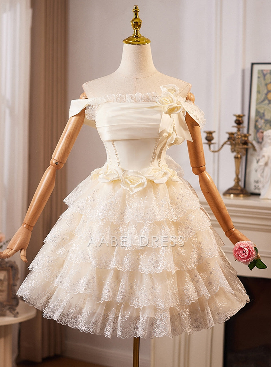 AABEI DRESS New Homecoming Dress A-Line Sleeveless Off Shoulder 3D Flower Lace Layering Romantic Short Prom Dresse