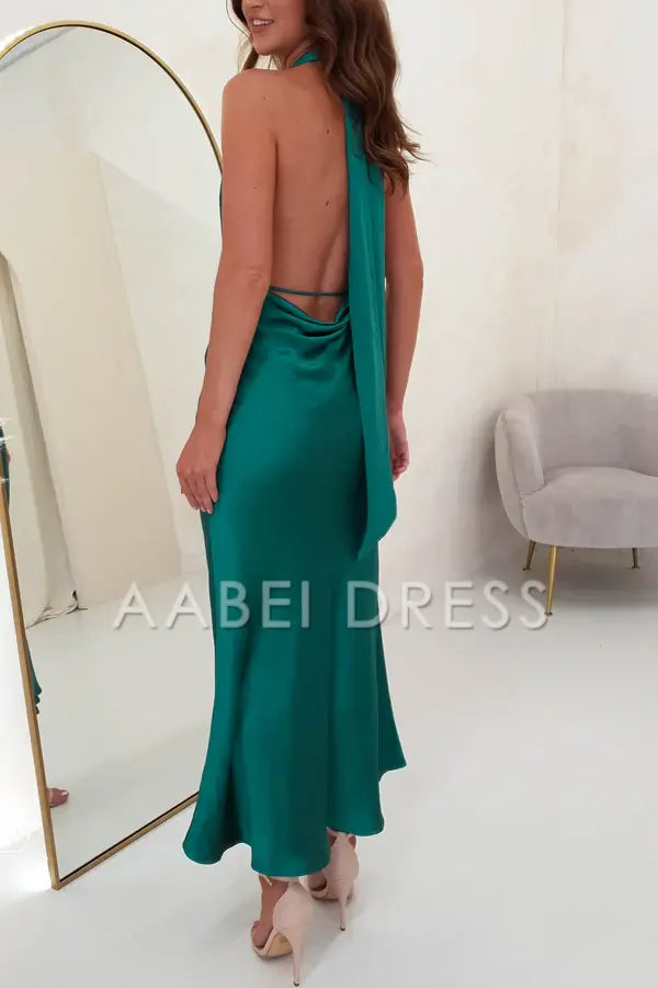 AABEI DRESS Prom Dress Soft Satin Glamour Neck-Tie Open Back Adjustable Tie Strap Fashion Simple Dress