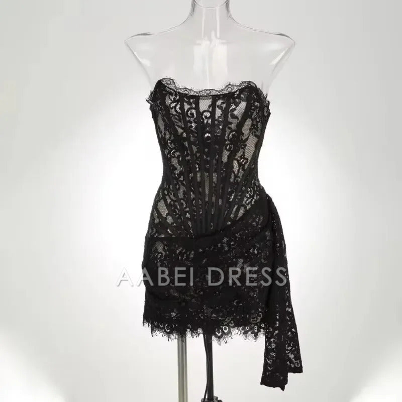 AABEI DRESS New Homecoming Dress Sexy Lace Dress Solid Color Sheer High Waist Elegant Printed Strapless Slim Evening Dress Prom Dress