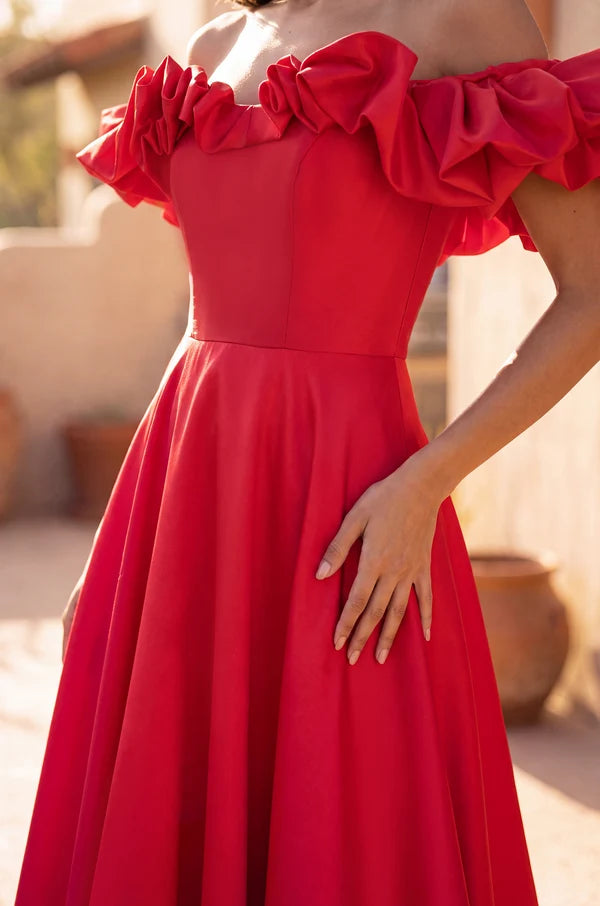 Red Off Shoulder Ruffled Satin A-Line Prom Gown
