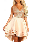 AABEI DRESS New Homecoming Dress Sparkle A-Line V Neck Party Dress Cocktail Party Asymmetrical Sleeveless Satin with Sequin Tiered Short Prom Dresse