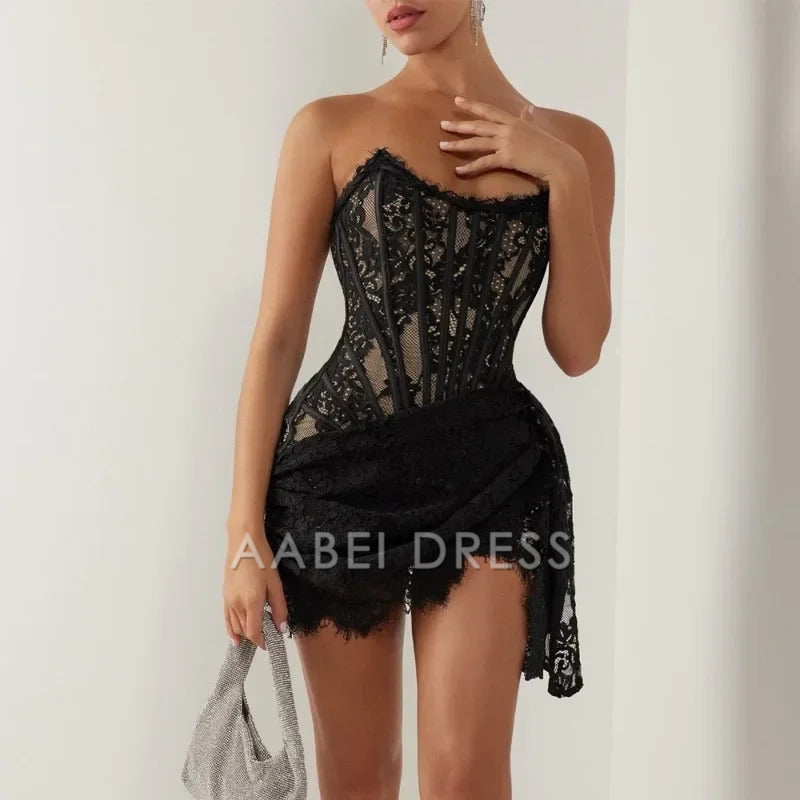 AABEI DRESS New Homecoming Dress Sexy Lace Dress Solid Color Sheer High Waist Elegant Printed Strapless Slim Evening Dress Prom Dress