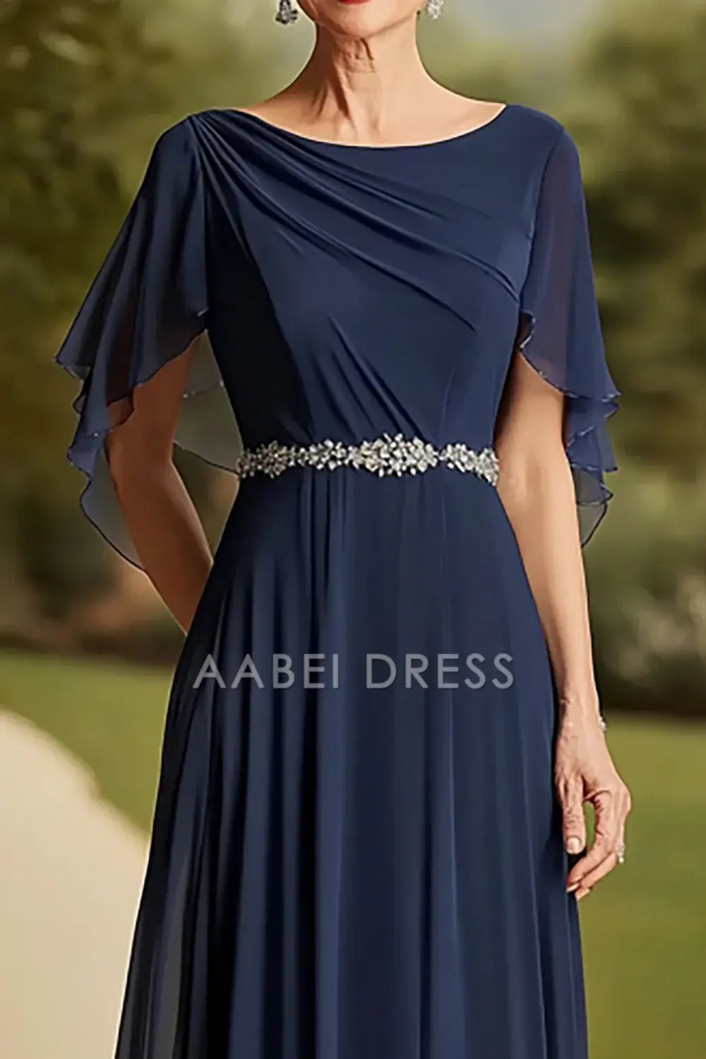 AABEI DRESS Mother Of The Bride Dress Round Neck Exquisite Beadwork Ruched Long Formal Wear Dresse
