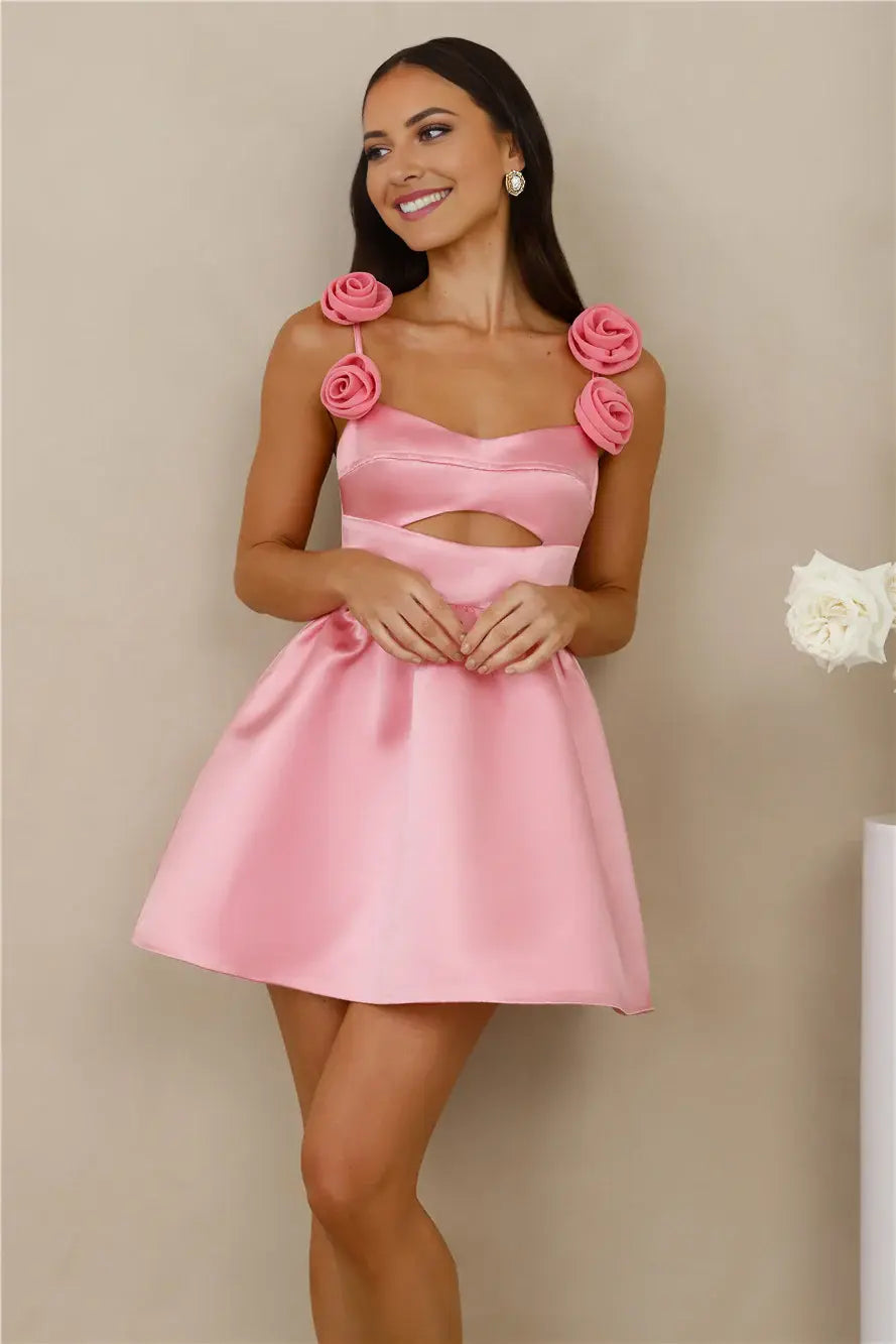 Pink A Line Three Dimensional Rose Decorative Suspender Sweetheart Neckline Hollow-out Backless Exquisite Mini Dress Hot Sale Homecoming Dress