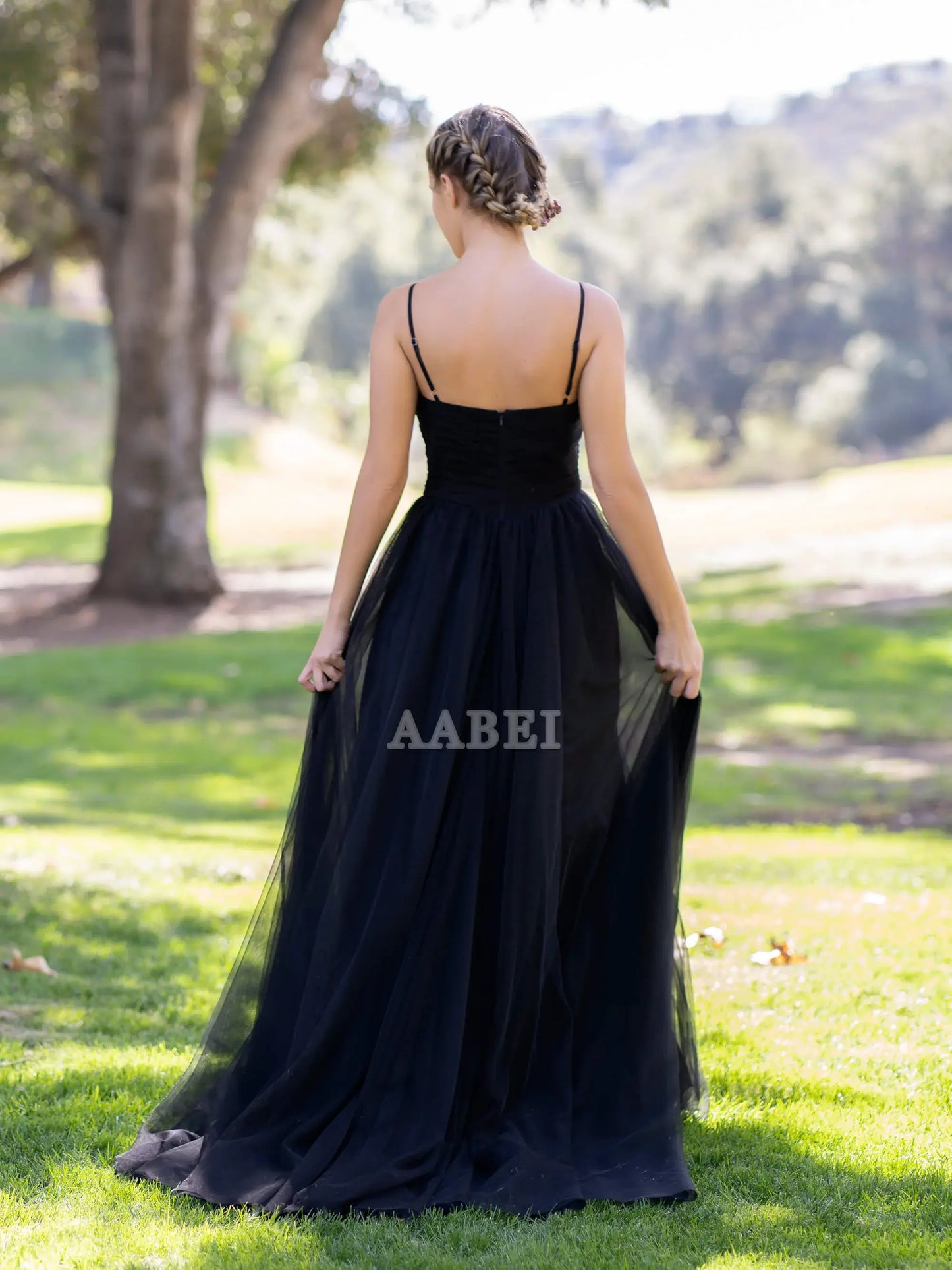 Evening Dress Spaghetti Strap Deep V-neck Tulle Sweep Train Prom Dress Romantic Formal Women's Dresses