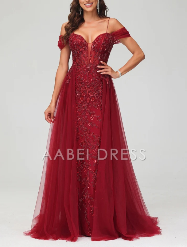 AABEI DRESS A-Line Off the Shoulder Beaded Tulle Applique Dress Train Intricate Fashion Evening Dress