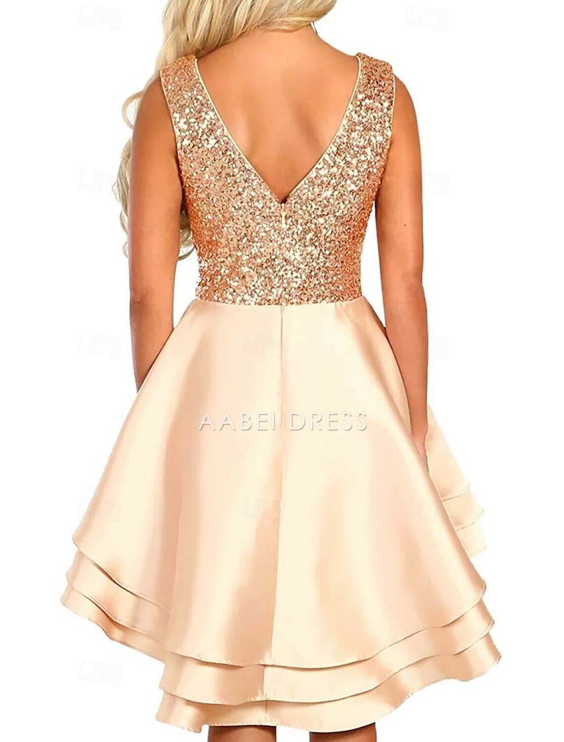 AABEI DRESS New Homecoming Dress Sparkle A-Line V Neck Party Dress Cocktail Party Asymmetrical Sleeveless Satin with Sequin Tiered Short Prom Dresse