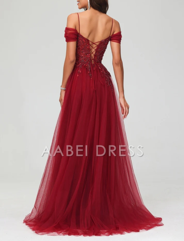 AABEI DRESS A-Line Off the Shoulder Beaded Tulle Applique Dress Train Intricate Fashion Evening Dress