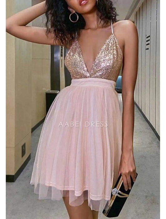 AABEI DRESS New Homecoming Dress A-Line Sparkle Graduation Dress Sleeveless V Neck Backless Glitter Criss Cross Sequin Short Prom Dresses