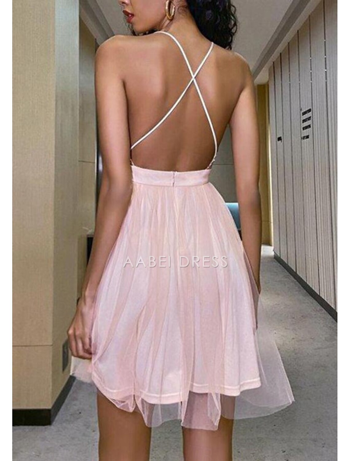 AABEI DRESS New Homecoming Dress A-Line Sparkle Graduation Dress Sleeveless V Neck Backless Glitter Criss Cross Sequin Short Prom Dresses