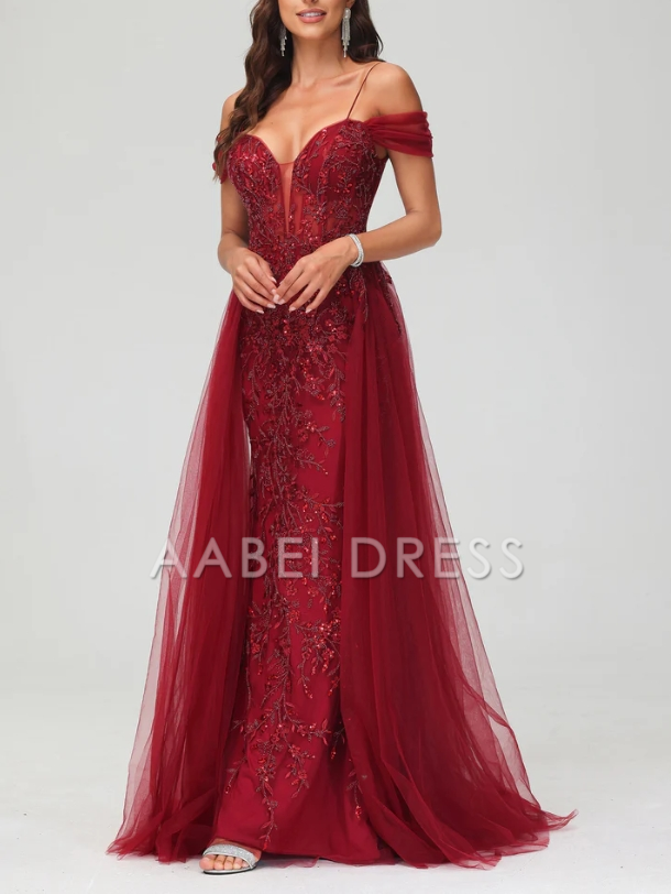 AABEI DRESS A-Line Off the Shoulder Beaded Tulle Applique Dress Train Intricate Fashion Evening Dress