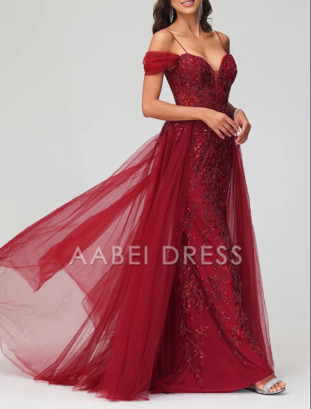 AABEI DRESS A-Line Off the Shoulder Beaded Tulle Applique Dress Train Intricate Fashion Evening Dress