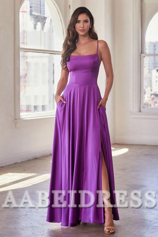 AABEI DRESS Bridesmaid Dresses Satin A-line Spaghetti Strap Side Fork Elegant Simple Dress Wedding Guests Dresses