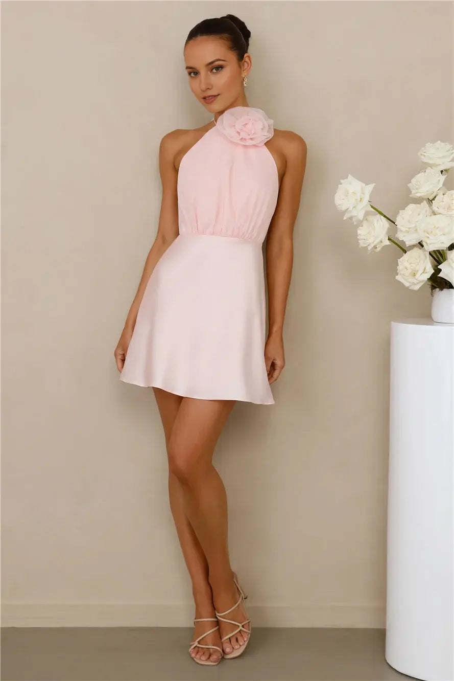 Light Pink Three-Dimensional Flower Decoration Hanging Neck Sleeveless Exposed Back Waist Cinching sweet Mini Dress Hot Sale Homecoming Dress