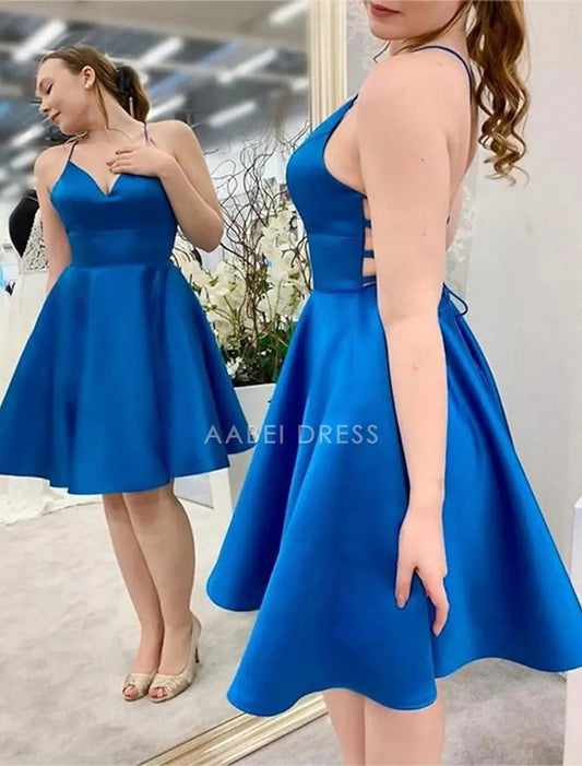 AABEI DRESS New Homecoming Dress A-Line Minimalist Dress Graduation Knee Length Sleeveless V Neck Backless with Criss Cross Strappy Short Prom Dresses