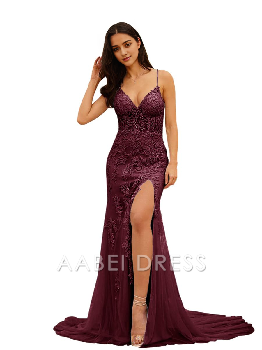 AABEI DRESS Prom Dress Tulle Appliques Backless Lace Up Mermaid Spaghetti Straps Long Evening Dresses for Women