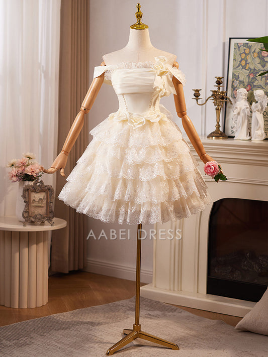 AABEI DRESS New Homecoming Dress A-Line Sleeveless Off Shoulder 3D Flower Lace Layering Romantic Short Prom Dresse