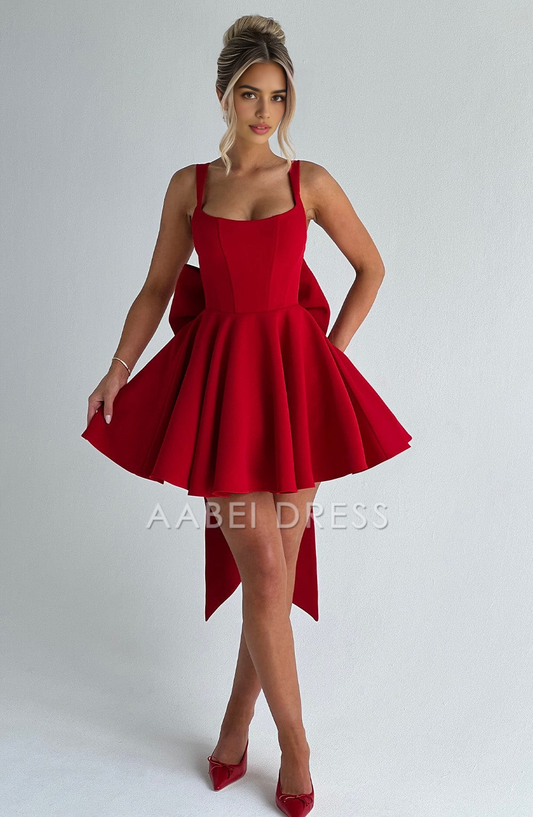 AABEI DRESS Hot Sale Homecoming Dress Exquisite Red A Line Square Neckline Boning Bodice Adjustable Shoulder Straps Backless Bow Mini Dress Cute Short Prom Dresse