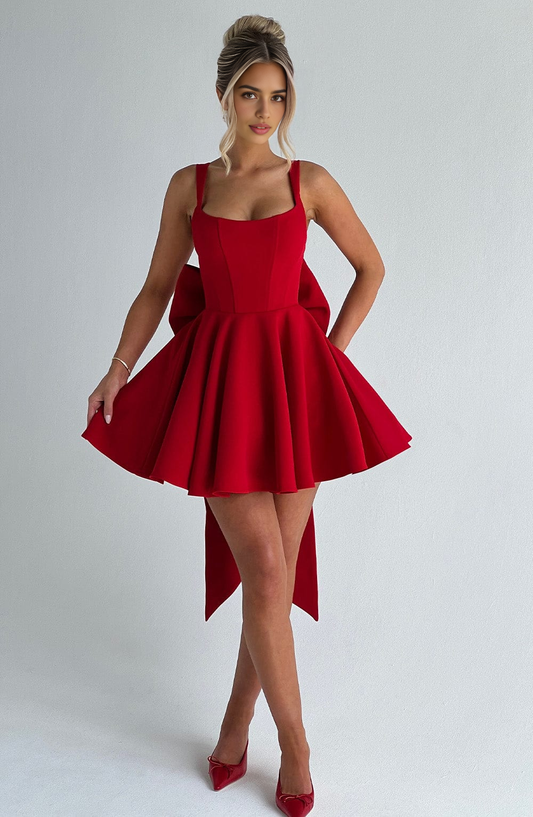 AABEI DRESS Hot Sale Homecoming Dress Exquisite Red A Line Square Neckline Boning Bodice Adjustable Shoulder Straps Backless Bow Mini Dress Cute Short Prom Dresse