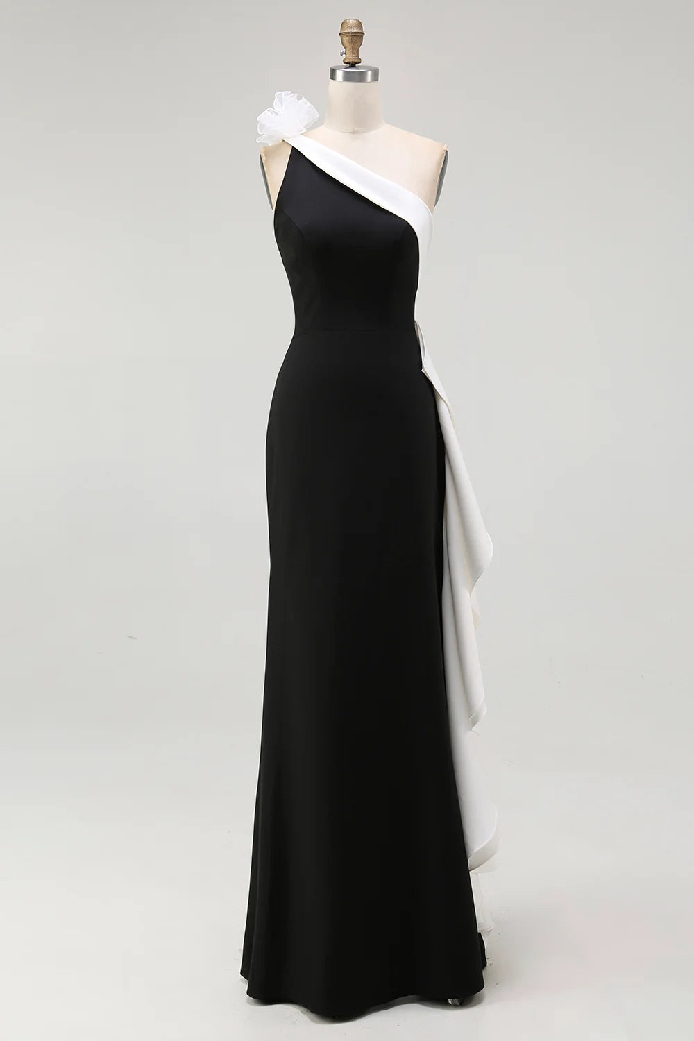 Black White One Shoulder Sleeveless with 3D Flowers Ruched Long Formal Dress Elegant Evening Dresses