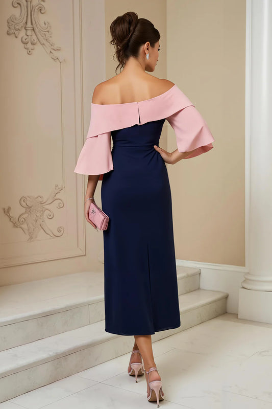 Pink and Navy Satin Sheath Off The Shoulder Flutter Sleeves Embroidered Flowers with Slit Retro Midi Wedding Guest Dress Hot Sale Mother of the Bride Dresses
