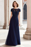 Elegant Navy A-Line Round Neck Cap Sleeve Chiffon with Appliques Retro Long Wedding Guest Dress For Women New Style Mother of the Bride Dress