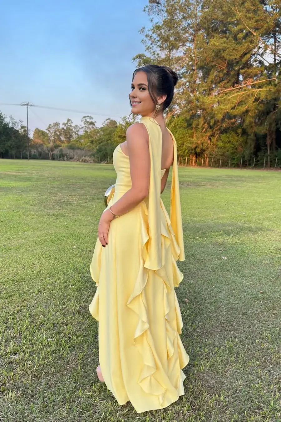 Chic Daffodil Satin A-Line Strapless Sleeveless With Scarf Tiers Ruffles And Split Long Affordable Prom Dress