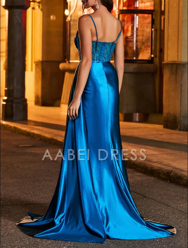 AABEI DRESS Sweetheart Spaghetti Straps Rhinestone Corset Top Pleated Side Fork Sweep Train Evening Dress