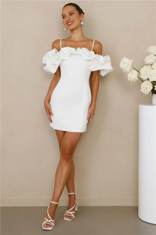 White Elegant Ruffled Edge Off Shoulder Spaghetti Strap Slim Fit Fashion Mini Dress Hot Sale Homecoming Dress
