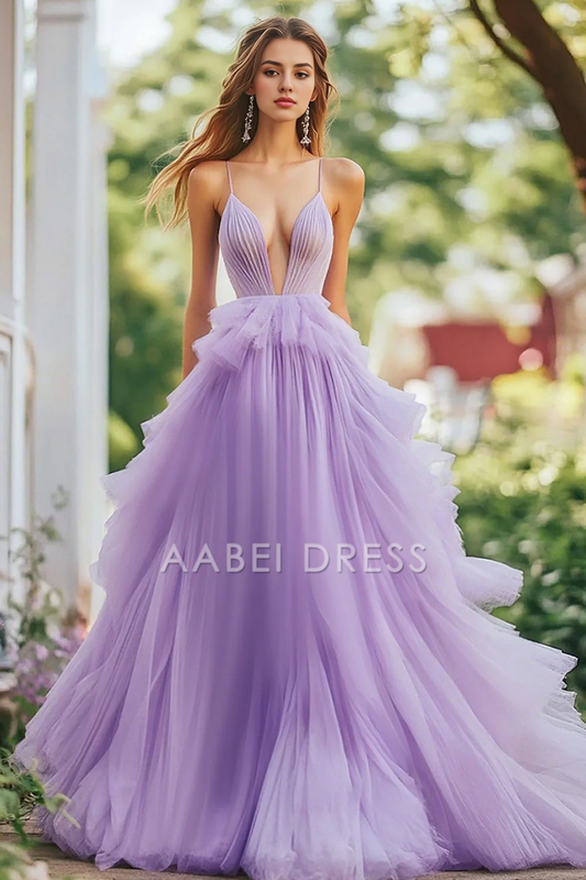 AABEI DRESS Hot Sale Prom Dress Fantastic A Line Deep V Neck Tulle Ruffled Spaghetti Straps Long Formal Dress