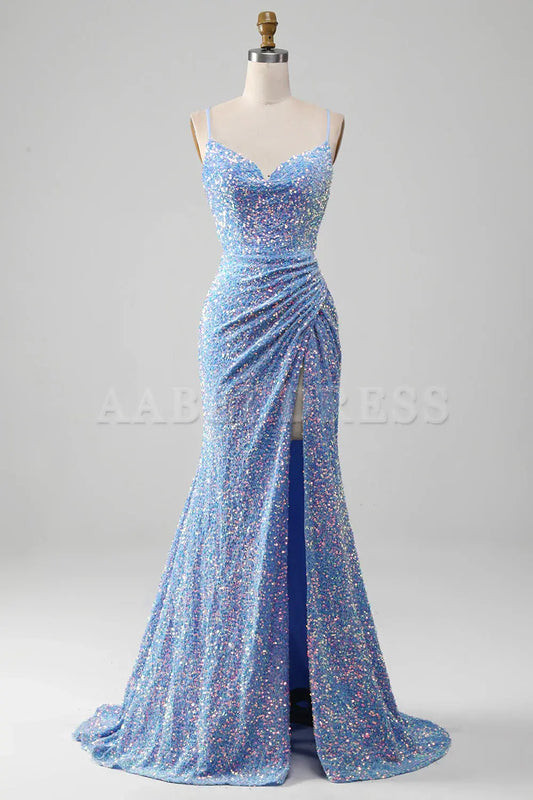 Prom Dress Mermaid Cultivate oneself Spaghetti Strap Side Fork Backless Sparkly Sequins Long Charming Formal Wear Dresses