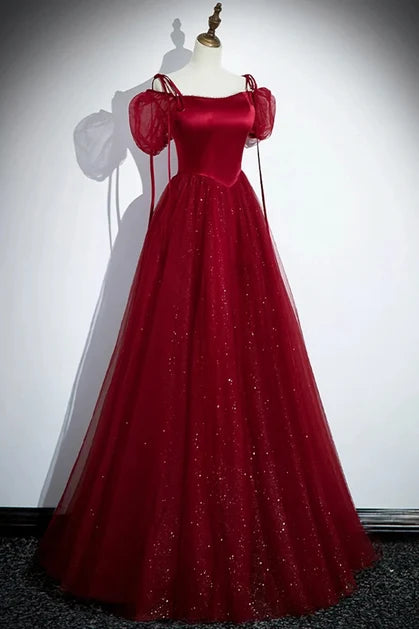 Burgundy Satin and Glitter Tulle A-Line Square Neck Floor-Length Dress
