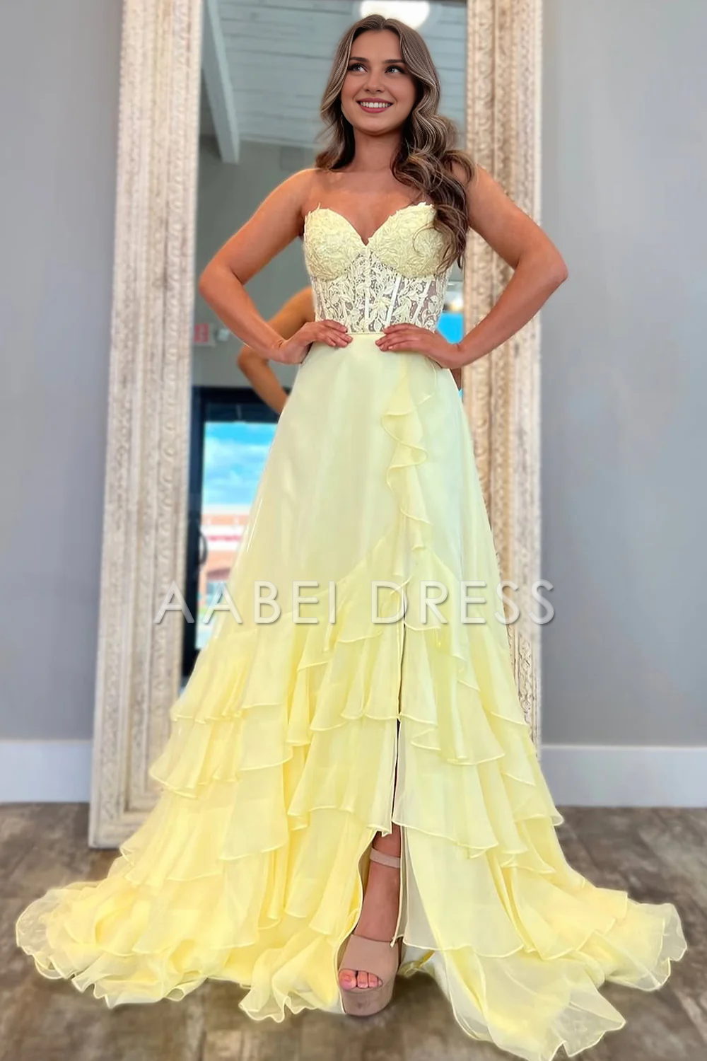 AABEI DRESS Prom Dress Lovely A-Line Sweetheart Lace Top Chiffon With Ruffle Elegant Formal Dress