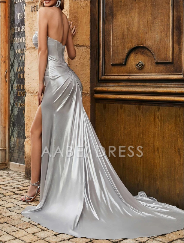AABEI DRESS Sheath Sweetheart Strapless Pleated Corset Backless Side Fork Sweep Train Elegant Evening Dress