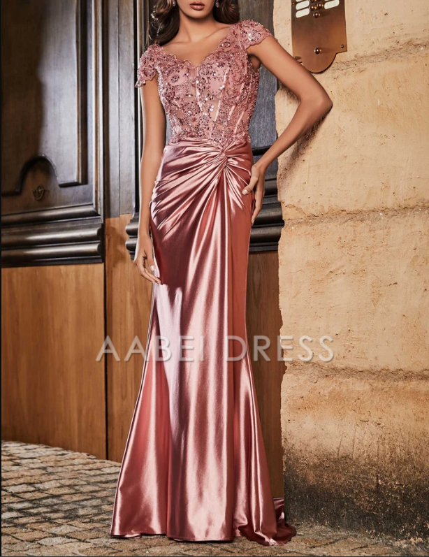 AABEI DRESS Mermaid V-Neck Cap Sleeves Satin Pleated Backless Sweep Train Luxury Elegant Evening Dress