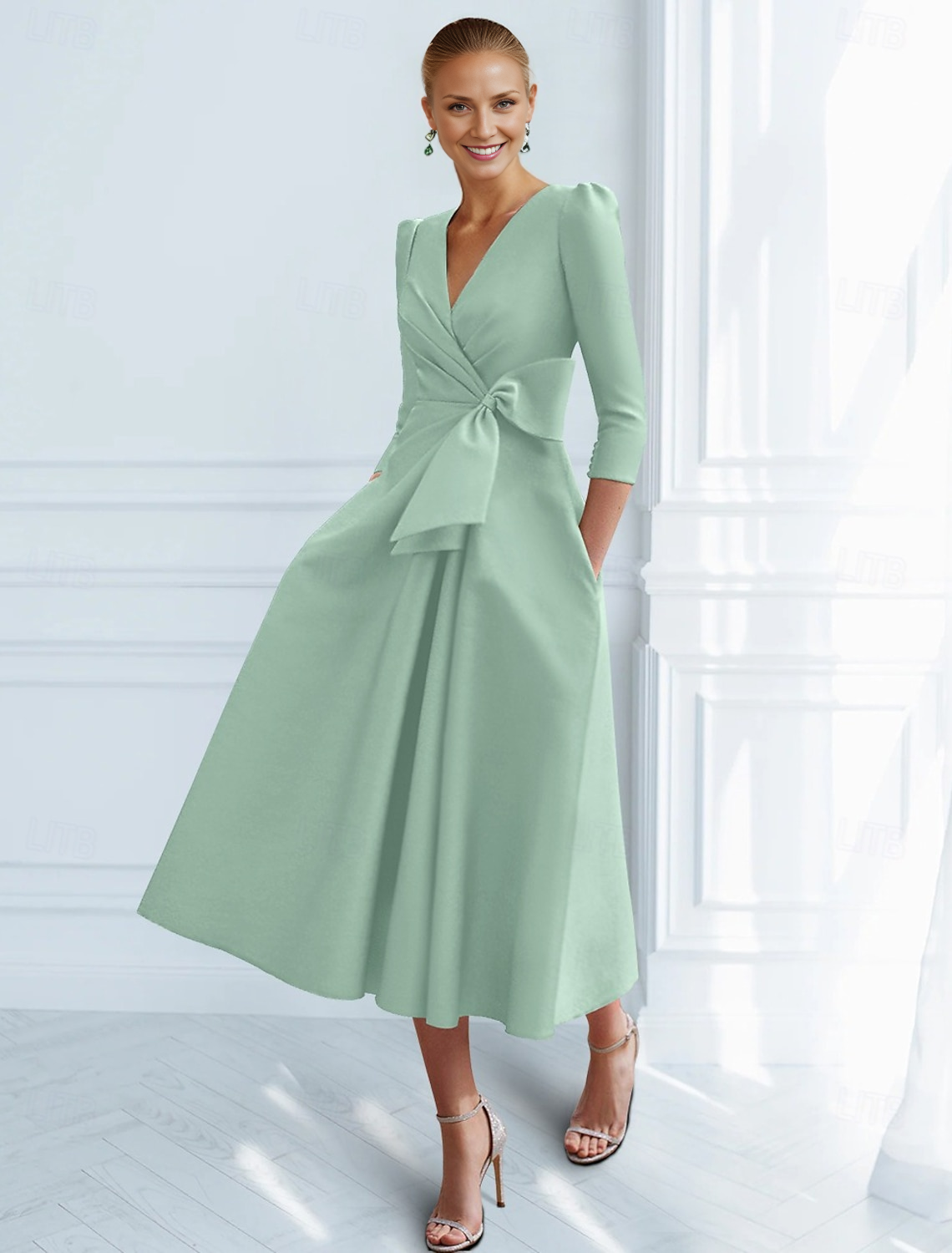 AABEI DRESS Wedding Guest Dress Elegant A-Line V Neck Ankle Length 3/4 Length Sleeve Fashion Mother of the Bride Dress