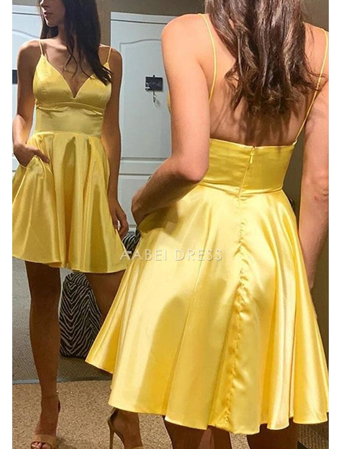 AABEI DRESS New Homecoming Dress A-Line Graduation Sleeveless V Neck Spaghetti Strap Backless Elegant Simple Short Prom Dresses