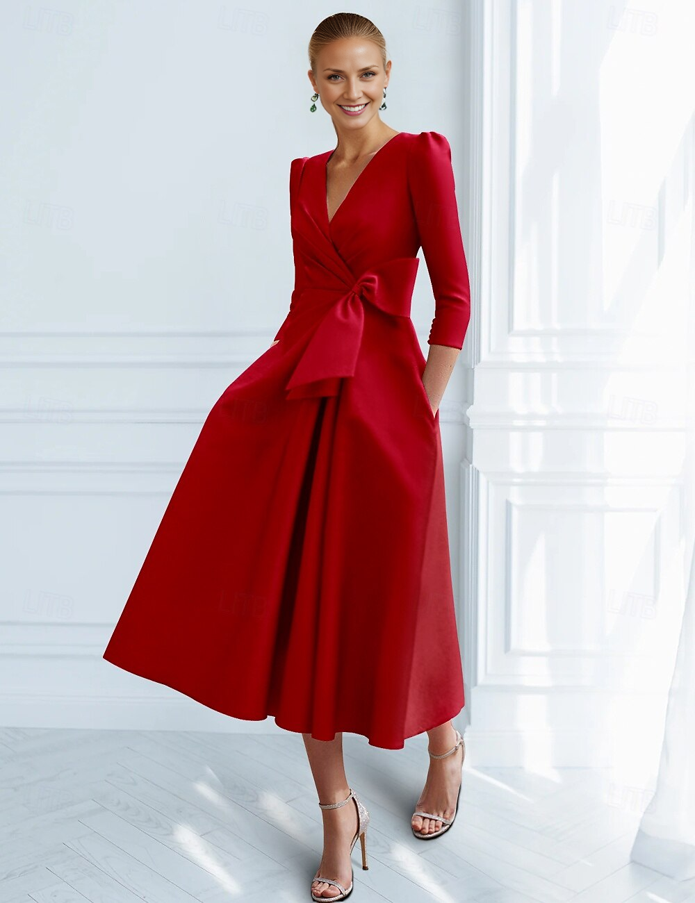 AABEI DRESS Wedding Guest Dress Elegant A-Line V Neck Ankle Length 3/4 Length Sleeve Fashion Mother of the Bride Dress