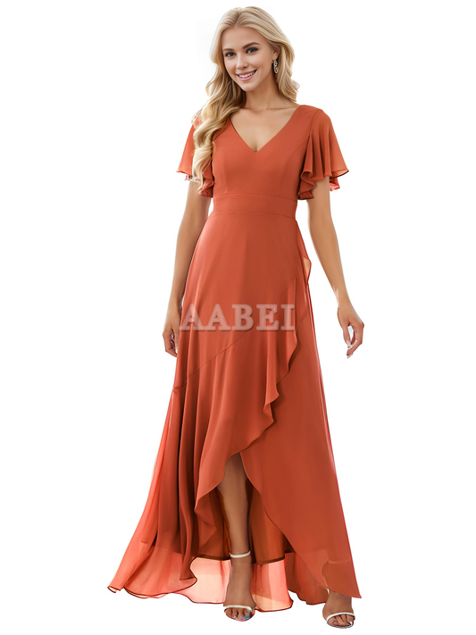 Formal Wear Dresses Bridesmaid Dresses A Line V Neck Ruffle High Low Chiffon Elegant Simple Wedding Guest Dresses