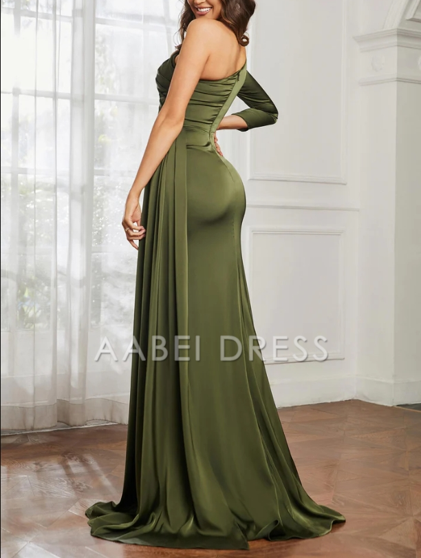 AABEI DRESS Sheath One Shoulder Long Sleeves Satin Pleated Side Fork Sweep Train Exquisite Evening Dress