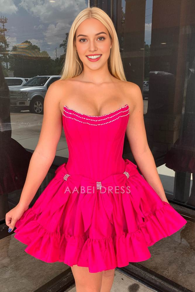 AABEI DRESS New Homecoming Dress Cute Satin A-Line Bateau Strapless Beaded With Bows Fashion Short Prom Dresse