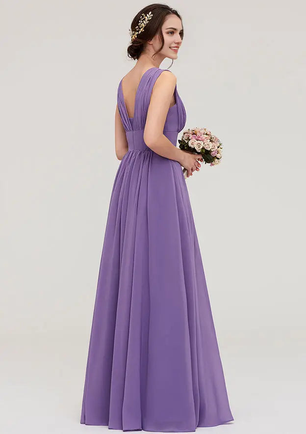 Purple Chiffon A Line Scalloped Neck Sleeveless With Pleated Affordable Floor-Length Bridesmaid Dress