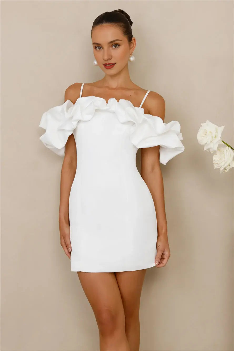 White Elegant Ruffled Edge Off Shoulder Spaghetti Strap Slim Fit Fashion Mini Dress Hot Sale Homecoming Dress