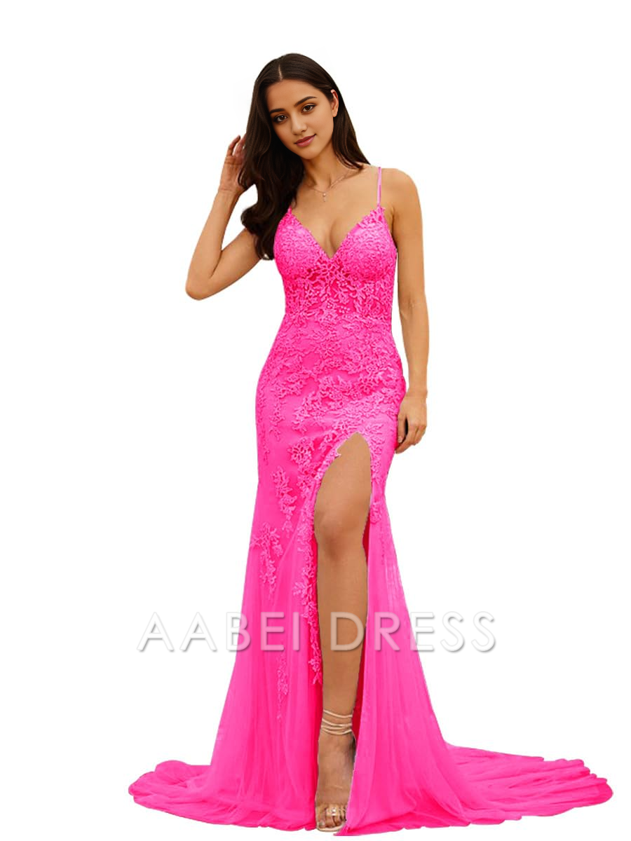AABEI DRESS Prom Dress Tulle Appliques Backless Lace Up Mermaid Spaghetti Straps Long Evening Dresses for Women