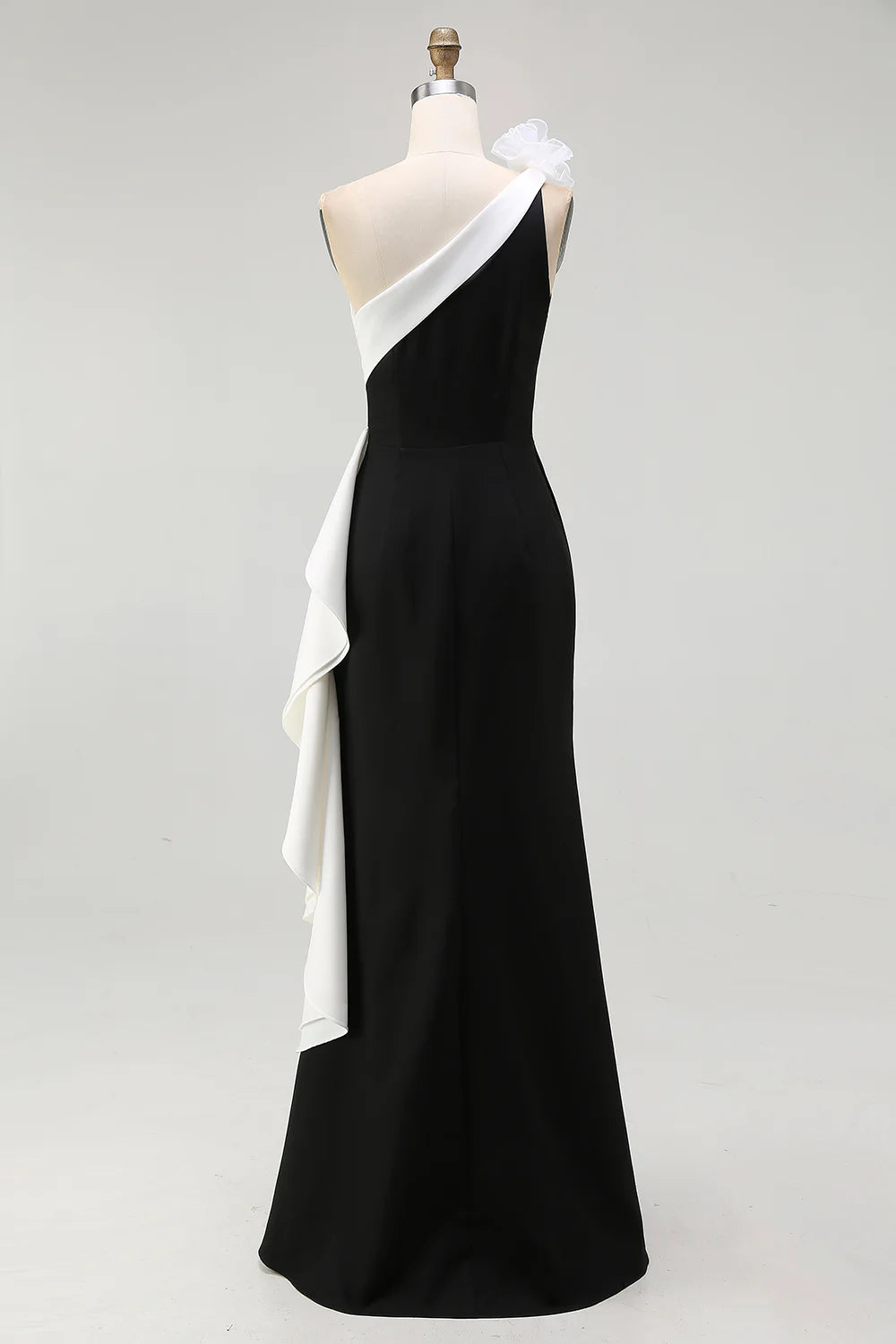 Black White One Shoulder Sleeveless with 3D Flowers Ruched Long Formal Dress Elegant Evening Dresses