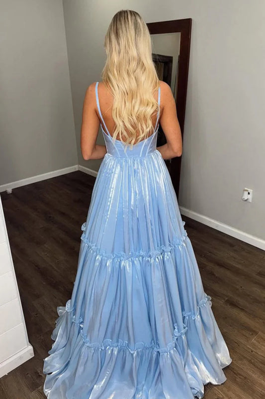 Glitter Light Blue A Line V Neck Spaghetti Strap Tiers Ruched Backless Cute Wedding Guest Dress Long Hot Sale Prom Dresses
