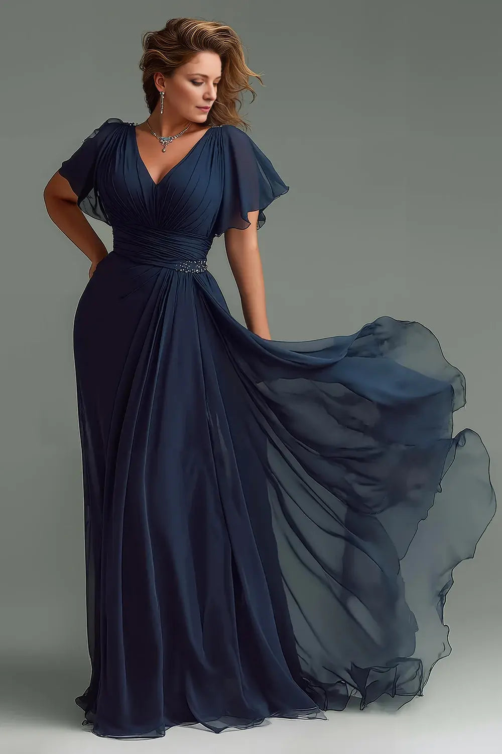 Elegant Navy Chiffon A Line V-Neck Flutter Short Sleeves V Back Pleated Plus Size Dresses Long Wedding Guest Dress For Women New Style Mother of the Bride Dress